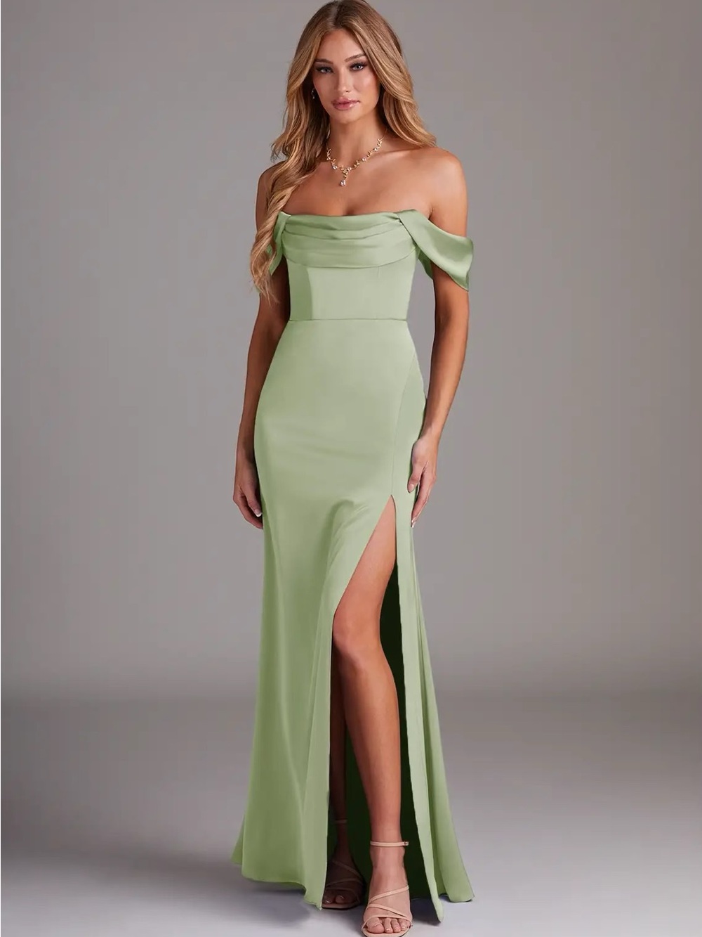 Azazie Dusty Sage Sheath Off the Shoulder Stretch Satin Dress